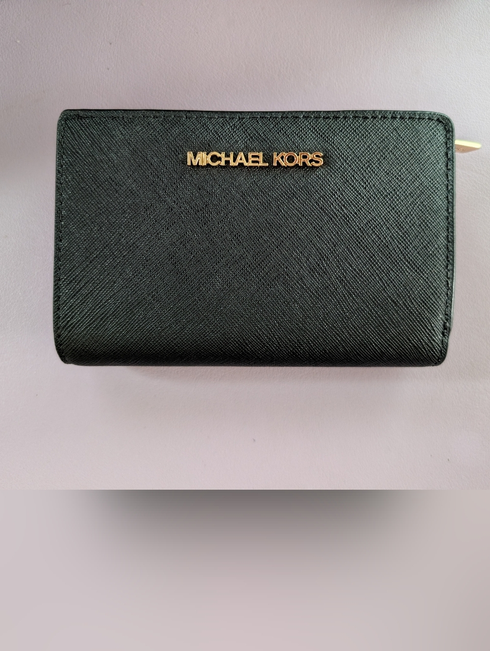 Michael Kors Black Saffiano Compact Zip Around Wallet with Gold Logo